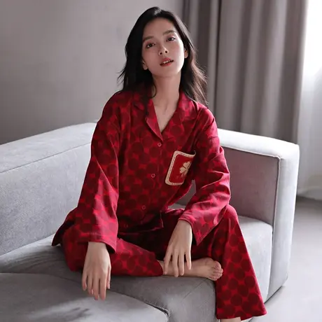 婷美新婚睡衣女士秋冬季纯棉长袖翻领高颜值红色家居服春秋套装图片