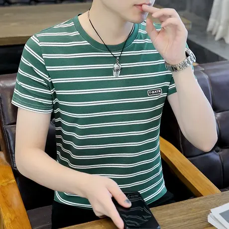 条纹短袖t恤男夏季薄款宽松透气半袖体恤男士潮牌圆领休闲上衣服商品大图