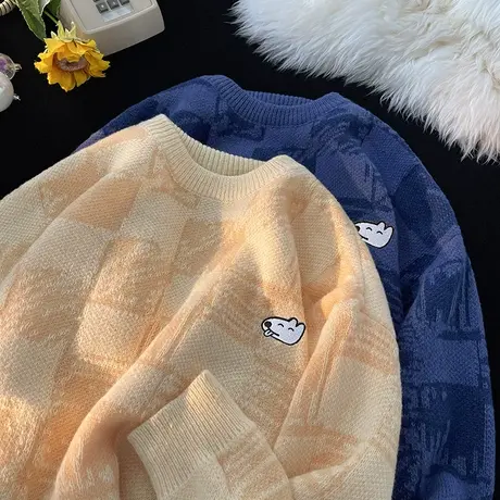 春秋季卡通小狗圆领毛衣男潮牌宽松复古针织衫休闲内搭线衣打底衫商品大图