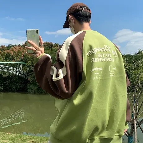 2023新款卫衣男秋冬季撞色拼接宽松休闲打底新款美式潮流圆领长袖商品大图