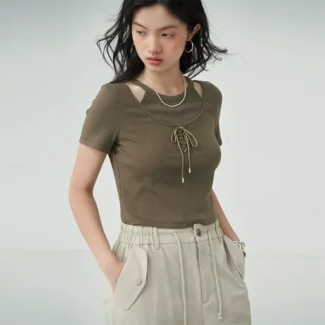 omont蛋挞家  假两件抽绳短袖T恤女2023夏季新款弹力修身半袖上衣商品大图