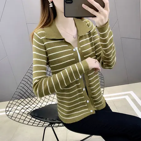 条纹长袖开衫女秋季新款2023年时尚百搭开衫上衣修身polo领打底衫商品大图