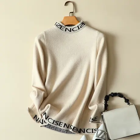 秋冬新款字母半高领毛衣女内搭修身长袖套头针织衫韩版打底衫上衣商品大图