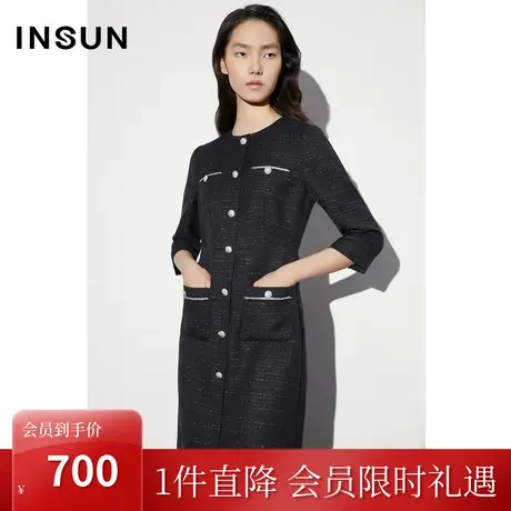 恩裳COVER2023春款新款银丝花纱混纺圆领小香风经典七分袖连衣裙图片