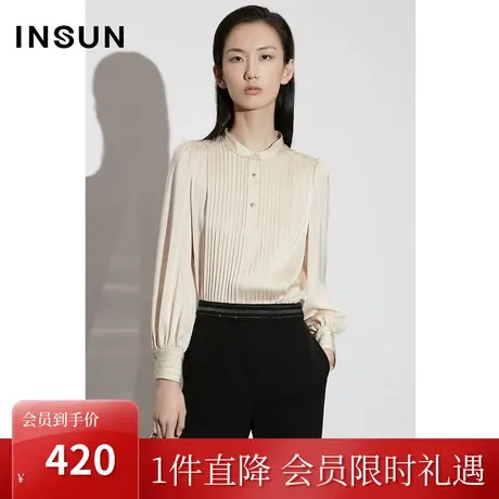 恩裳COVER2023春款新款复古条纹肌理感上衣缎面丝光立领垂感衬衫图片