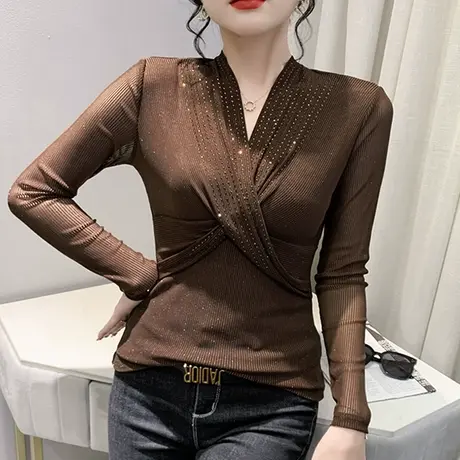 交叉V领网纱上衣女春秋2023新款设计感烫钻长袖T恤漂亮妈妈打底衫商品大图