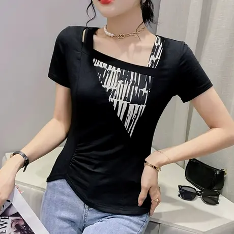 欧货设计感拼色上衣女2023夏季新款修身百搭小衫时尚斜领短袖T恤商品大图