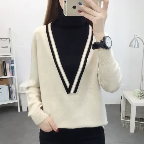 2022年新款秋冬假两件毛衣女宽松拼色洋气秋款黑色内搭打底上衣图片