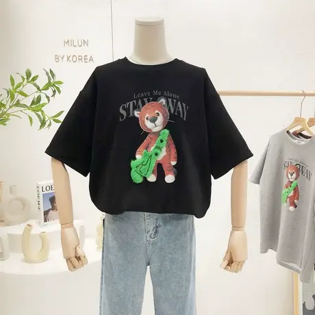 2022早春新款韩国东大门老虎印花加厚半袖欧货潮宽松上衣打底大码图片