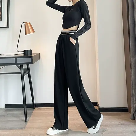黑色灯芯绒阔腿裤女2023春秋新款高腰垂感直筒宽松显瘦休闲条绒裤图片