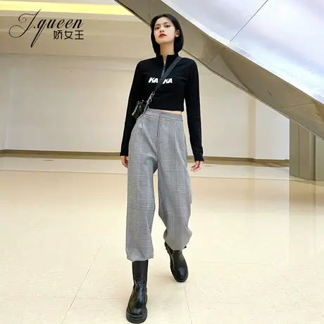 格子高腰阔腿裤女秋季韩版复古宽松显瘦休闲百搭垂感格纹直筒裤子商品大图