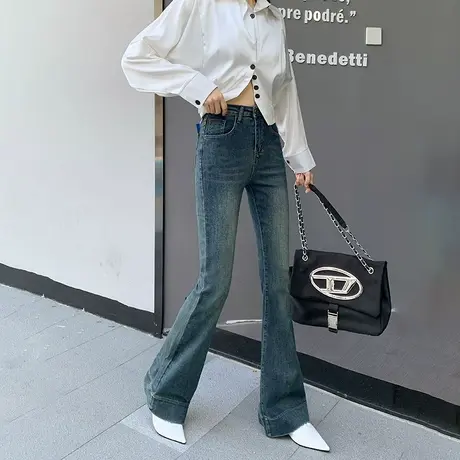 复古水泥灰牛仔喇叭裤女秋款辣妹修身拼接拖地裤高个子显瘦马蹄裤图片