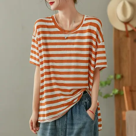 dza复古条纹纯棉短袖T恤女2023夏薄圆领打底体恤休闲宽松套头上衣商品大图