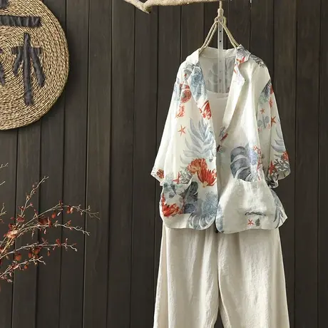 枫谜秋装新款文艺印染棉麻小西服女宽松休闲百搭七分袖上衣外套图片