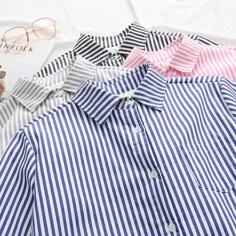 秋冬新款简约蓝色条纹加绒加厚保暖衬衫女方领正装工作服打底衬衣图片