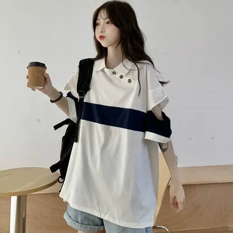 polo衫短袖t恤女2021新款夏季宽松韩版设计感小众破洞上衣服ins潮商品大图