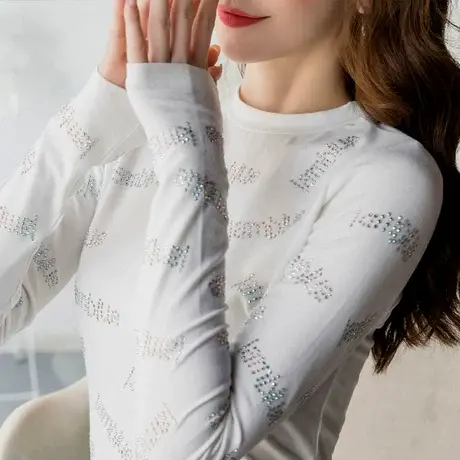 烫钻莫代尔打底衫女欧洲站2023早秋长袖t恤重工欧货洋气薄款上衣图片