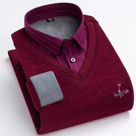 高端喜爸爸婚宴装本命年酒红色毛衣男假两件针织保暖上衣加绒加厚商品大图