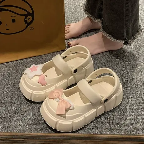 踩屎感厚底玛丽珍洞洞鞋女外穿2023夏季新款网红蝴蝶结包头半拖鞋商品大图