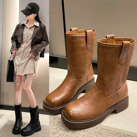 切尔西靴女2023春秋时尚烟筒靴圆头粗跟马丁靴女款英伦风短靴潮商品大图
