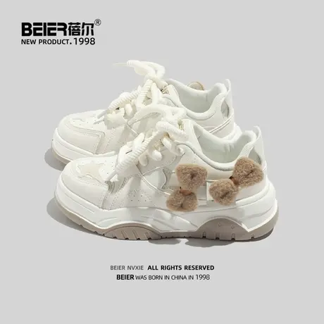蓓尔美式面包鞋女厚底秋冬小众原创百搭白色板鞋棕蝴蝶结可爱女鞋商品大图