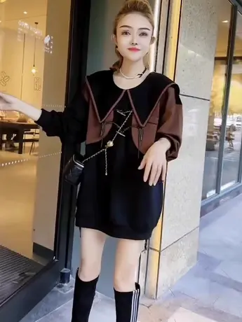 早秋新款大码时尚设计感卫衣女装胖mm长袖宽松显瘦撞色上衣200斤商品大图
