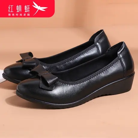 红蜻蜓女鞋夏季真皮坡跟单鞋中年软底舒适老妈妈鞋奶奶鞋子通勤鞋商品大图