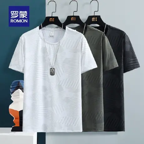 罗蒙男士冰丝短袖T恤夏季薄款网眼速干印花圆领衣服大码运动体恤商品大图