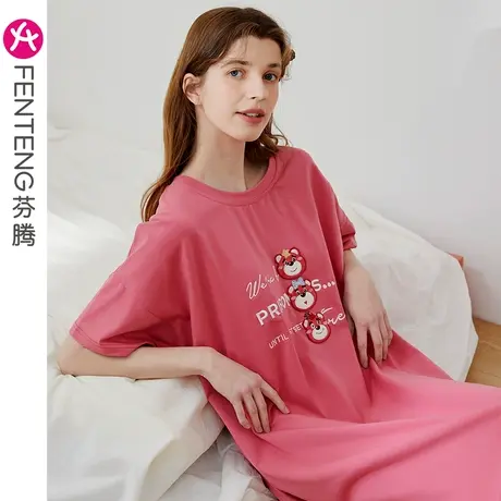 芬腾睡裙女短袖睡衣裙夏季薄款纯棉少女甜美风宽松大码短袖家居服商品大图