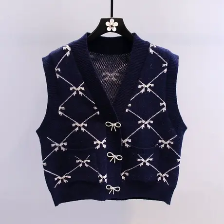 镶钻蝴蝶结针织马甲女2023秋冬新款宽松外穿甜美无袖坎肩背心开衫商品大图