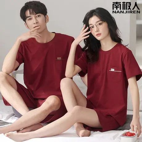 睡衣结婚新婚情侣套装红色夏季纯棉男款女款短袖优柔情侣睡衣夏款商品大图