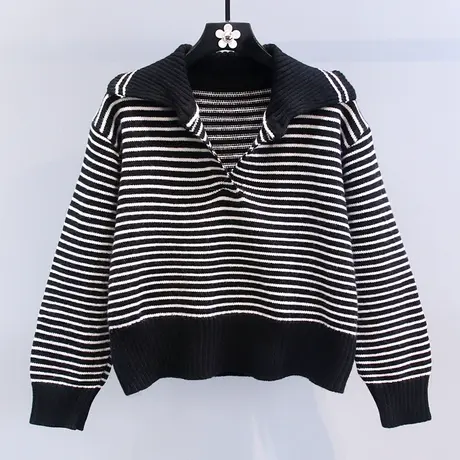 复古撞色条纹polo领毛衣女秋冬2023新款宽松设计感休闲针织衫上衣图片
