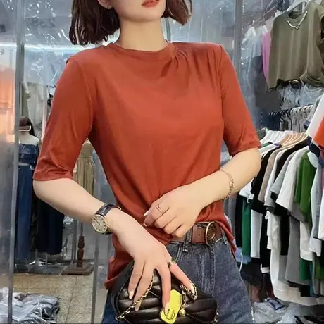 2023新款秋季中袖t恤女五分袖打底衫春秋季内搭半袖修身显瘦上衣图片