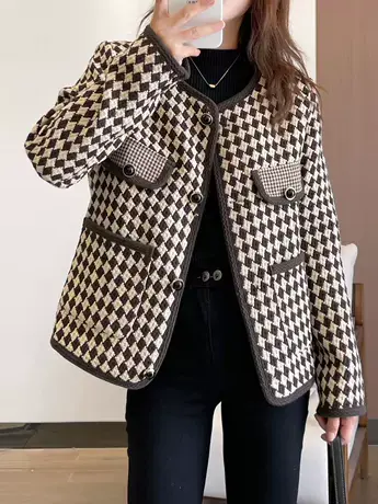 千鸟格小香风短款外套女秋冬韩版2023新款粗花呢宽松显瘦毛呢上衣商品大图