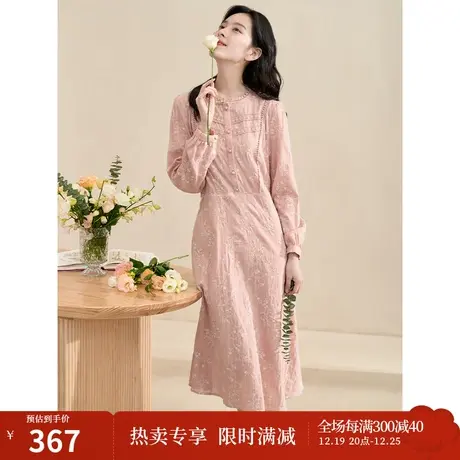 【商场同款】茵曼2023春女装新款田园绣花肌理圆领灯笼袖连衣裙商品大图