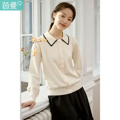 茵曼2023春女装新款田园翻领门襟立体花装饰宽松显瘦长袖套头毛衣图片