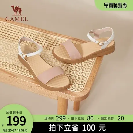 骆驼女鞋2024春夏新款平底鞋女凉鞋休闲百搭真皮一字带凉鞋女图片