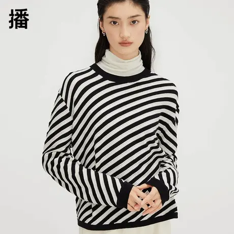 播优雅罗纹圆领针织衫女2023秋冬新品宽松套头条纹毛衣DDQ4SD5516商品大图