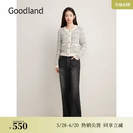 Goodland美地女装秋季撞色花纱小香风H型毛针织衫图片