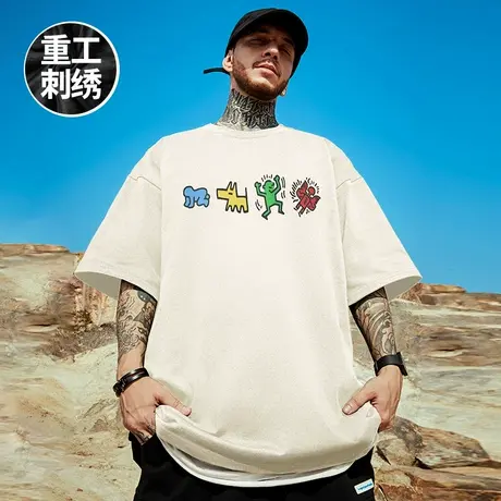 大码刺绣男士美式重磅短袖t恤男宽松百搭纯棉上衣服夏季潮流体恤商品大图