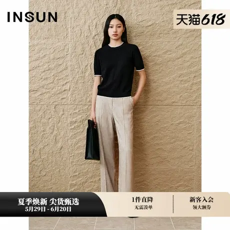INSUN恩裳专选2025春季双层圆领宽松棉质针织衫商品大图