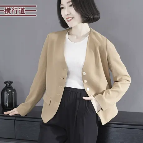 2023冬新款韩版纯色V领宽松长袖西装外套大码上衣中年妈妈外穿女商品大图