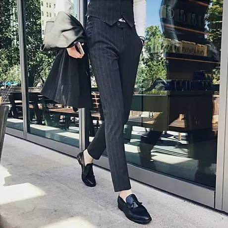 商务休闲条纹小西裤男修身韩版小脚裤子英伦青年长裤秋冬潮流男装商品大图