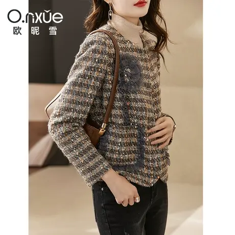 欧昵雪2023冬季新款时尚圆领粗花呢小个子短外套女长袖修身小香风商品大图