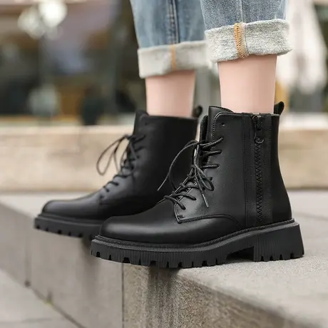 百搭黑色马丁靴女冬加绒2023年新款网红小个子厚底学生短靴ins潮商品大图