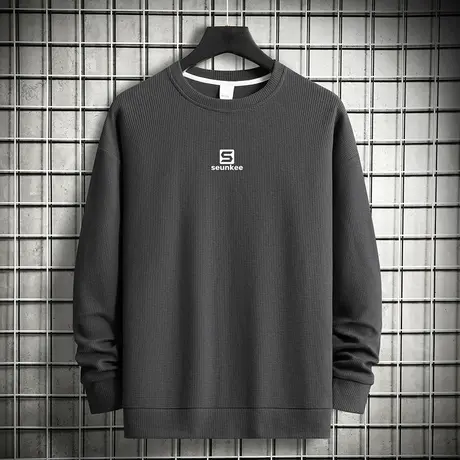 华夫格卫衣男2023新款春秋季宽松潮流字母印花无帽衫圆领长袖t恤商品大图