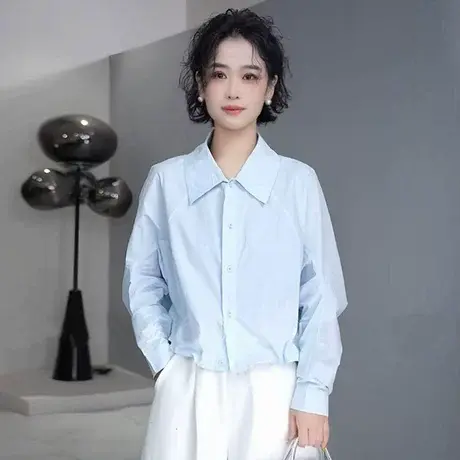 设计感下摆抽绳褶皱长袖衬衫女春新款简约百搭别致蝙蝠袖小众上衣图片