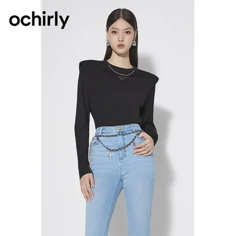 【品牌甄选】欧时力 设计感长袖T恤2023新款秋装链条皮牌正肩上衣图片