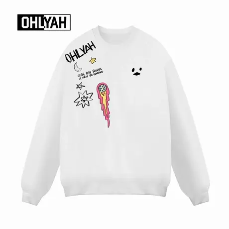 Ohlyah品牌趣味月亮星星卡通印花圆领卫衣男女款情侣落肩oversize商品大图