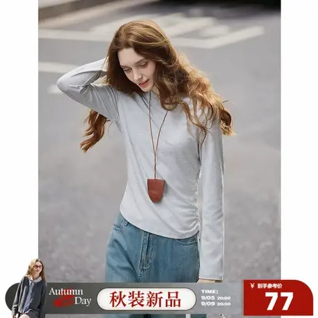 唐狮2025春秋季打底衫女长袖净色圆领套头修身收腰设计感独特显瘦商品大图